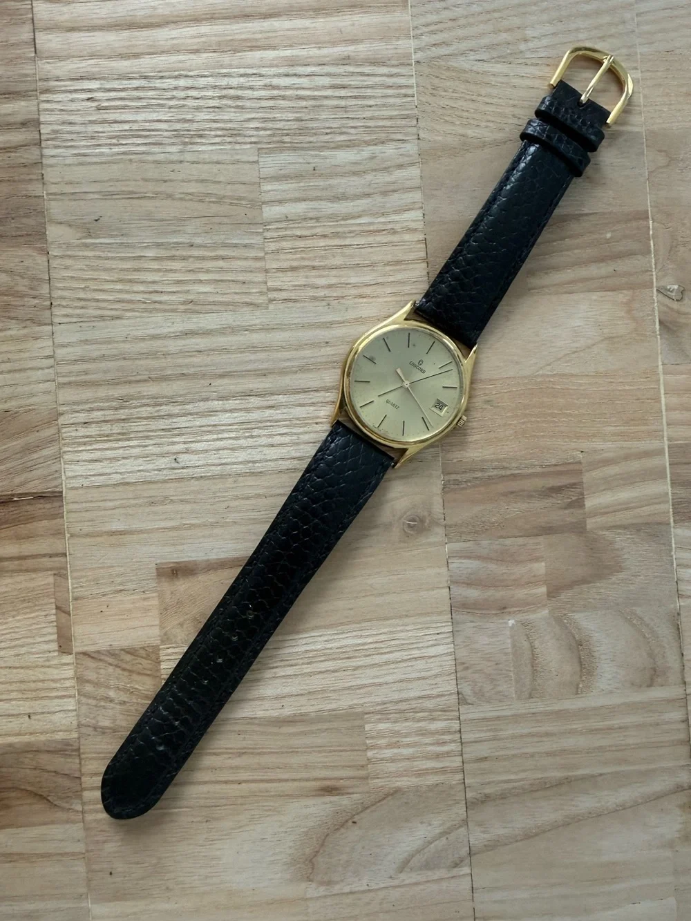 Concord Rare Vintage Watch in Original Box and Case Gold Dial Case Leather